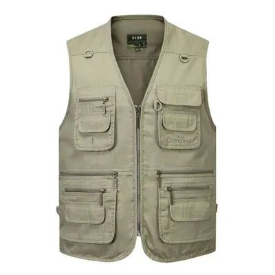 (khaki, XXXL) Men&apos;s Vest Casual Jacket Spring And Autumn Loose Style Cotton Multi-pocket Zi