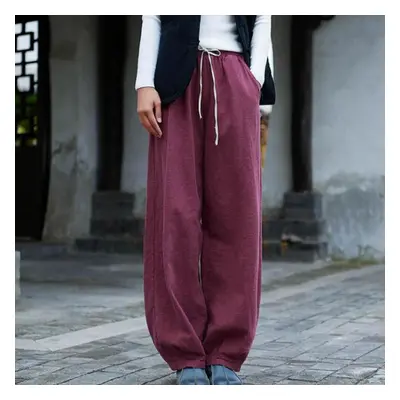 (burgundy, One Size) Johnature Lantern Pants Autumn Winter Loose Retro Plus Size Women Pants