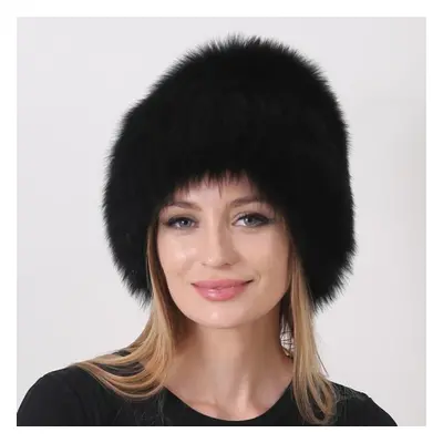 (black) Natural Winter Fox Fur Hats Women Real Silver Fox Knit Beanie Hat Balaclava Lady Winter 