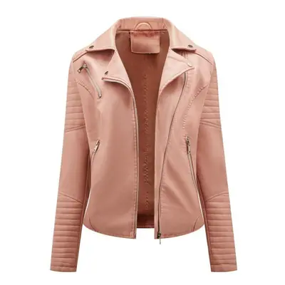 (pink, XL) Faux Leather Jacket For Women Turn Down Collar Diagonal Zip Pu Moto Biker Coat Casual