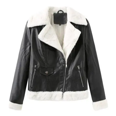 (black, S) Faux Leather Jacket For Women Fleece Lined Warm Long Sleeves Slim Fit Short Coat Styl