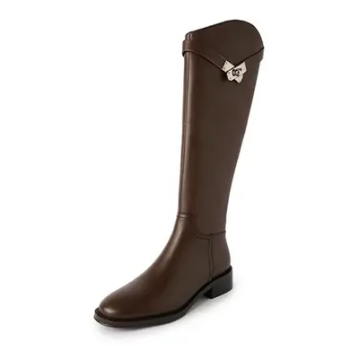 (brown, 36) Meotina Genuine Leather Riding Boots Thick Med Heel Zipper Ladies Boots Round Toe Kn