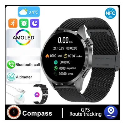 (black, Silicone strap + Milan) Smart Watch Men Watch Pro Amoled Hd Screen Bluetooth Call Nfc He