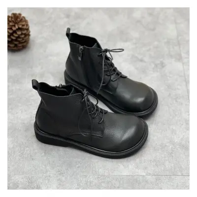 (black, 41) Johnature Genuine Leather Winter Boots Women Shoes Zip Round Toe Flat With Handmade 