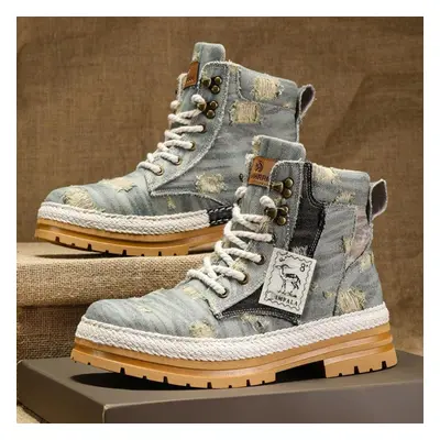 (khaki, 40) Motorcycle Shoes Men Fashion High Top Shoes Chunky Ankle Boots For Men Casual Outdoo