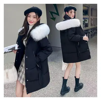 (black, M) New Winter Bright Face Free Down Cotton Padded Jacket Women Middle Long Korean Foreig