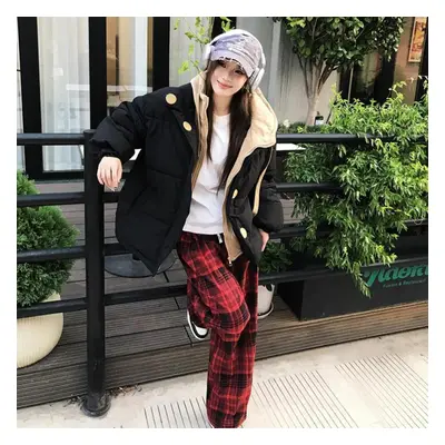 (black, XXL) Fashionable Loose Winter Hooded Cotton Parka With Patchwork For Women