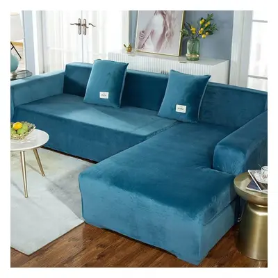 (lake blue, seat(235-300cm)) Plush Sofa Cover Velvet Elastic Leather Corner Sectional For Living