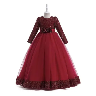 (dark red, 120CM) Summer Sequin Christmas Kids Party Dresses For Girls Bridemaid Costume Long Sl