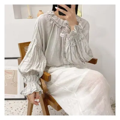 (grey, One Size) Johnature Autumn Vintage Linen Button Mori Womens Tops And Blouses Ruffles Coll