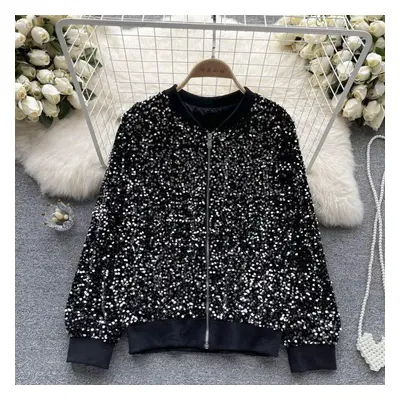 (gray, One Size) Autumn And Winter New Heavy-duty Design Sense Sequins Zipper Loose And Versatil