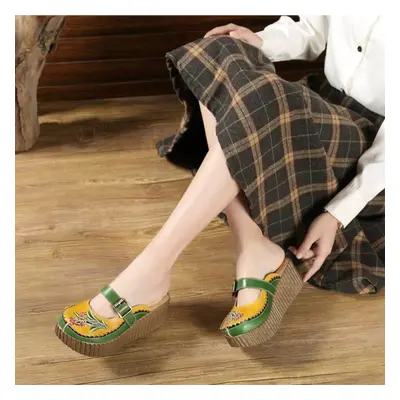 (green, 40) Johnature Ethnic Style Genuine Leather Platform Slippers Hand-painted Outside Wedges