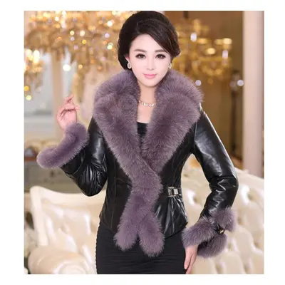 (black,dark gray, XL) Scione Faux Fox Fur Collar Leather Slim Pu Leather Women Plus Cotton Jacke