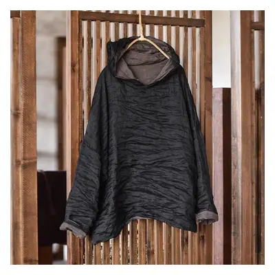 (One Size, black) Johnature Women Vintage Hooded Ramie T-shirts Solid Color High Quality Tees Lo