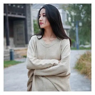 (One Size, linen) Johnature Spring Autumn Bat Sleeve Shirts Vintage Women Cotton Linen V-neck So