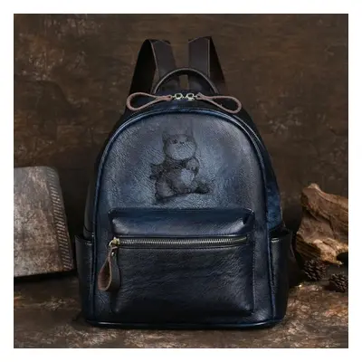 (dark blue) Johnature Retro Genuine Leather Bag Hand-painted Women Backpack Casual Large Capacit