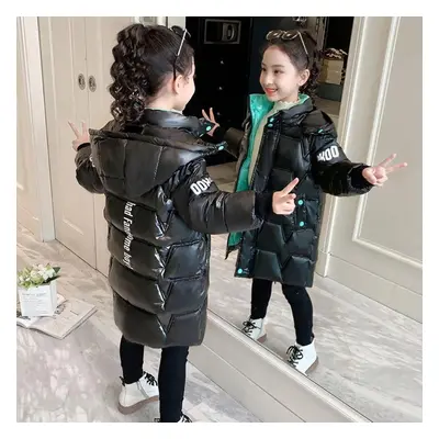 (black, 160) Winter Down Jacket For Girls Coat Fashion Shiny Waterproof Hooded Children&apos;s O