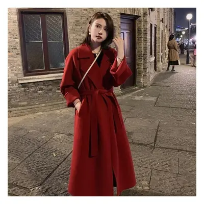 (red, M) New Ladies Autumn And Winter New Double-faced Wool Long Woolen Coat High-grade Woolen C