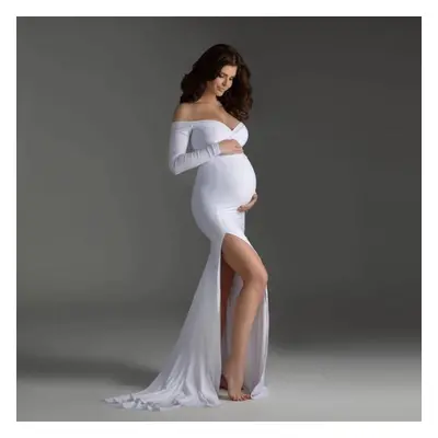 (white, L) Fashion Maternity Dress Photography Props Split Side Maxi Gown Pregnant Women Long Pr