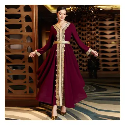 (claret, L) New V-neck Double-layer Chiffon Irregular Dress Stitching Lace Middle East Saudi Ara