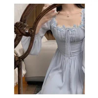 (blue, M) Square Collar Midi Dress For Women Vintage Lantern Sleeve Women Dress Chic Casual Lace