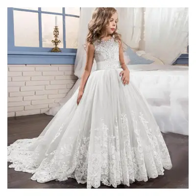 (white, 140) Toddler Kid Girl Lace Sleeveless Princess Gown Party Tulle Dress Cosplay Clothes