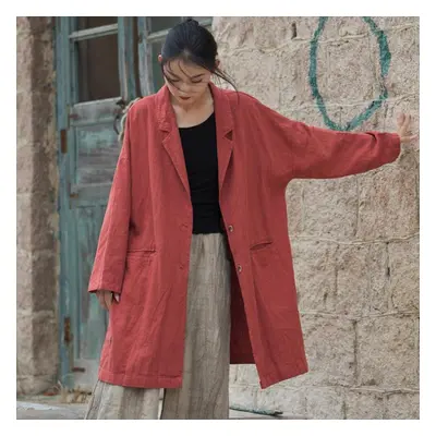 (red, One Size) Johnature Women Vintage Ramie Cotton Tailored Coat Solid Color Long Sleeve Pocke