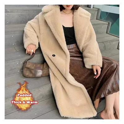 (beige, M) Faux Fur Warm Long Coat Long Sleeve Female Thick Teddy Bear Coat Casual Loose Oversiz