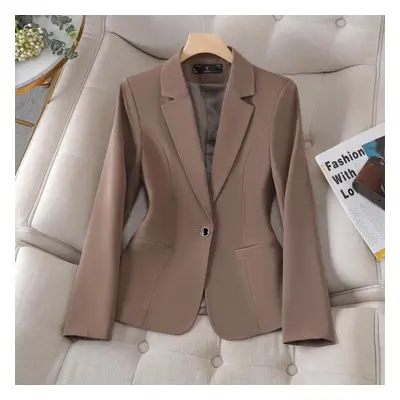 (brown, 3XL) Autumn New Casual Tops Long Sleeve Office Lady Blazers Elegant Solid Color Button A