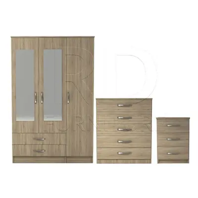 Ready assembled Pcs Classic Door Drawer Mirrored Wardrobe, Chest And Bedside Set Oak