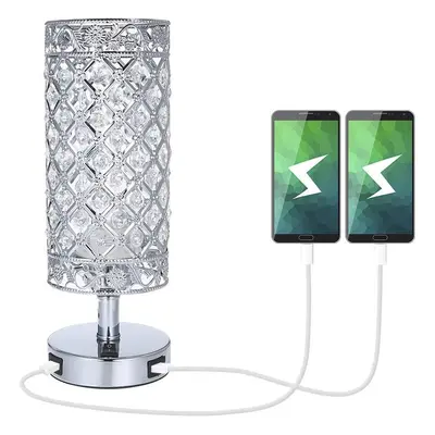 Crystal Bedside Table Lamp with Dual USB, Modern Silver Lamp E27 Glitter Shade with USB Ports Be