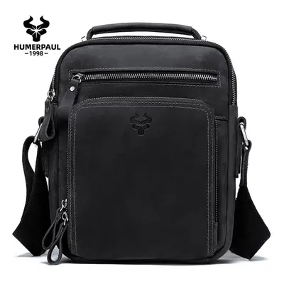 (black) Humerpaul Crazy Horse Leather Men&apos;s Shoulder Bag Vintage Messenger Bags Multifuncti