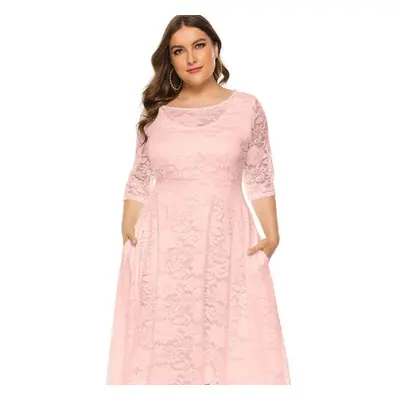 (pink, 6XL) Plus Size Xl-6xl New Fashion Popular Evening Dress Medium Length Hollow Lace Women D