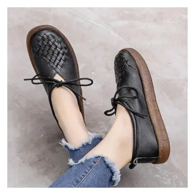 (black, 42) Retro Women Loafers Genuine Leather Flat Shoes Slip On Soft And Comfortable Lace Up 