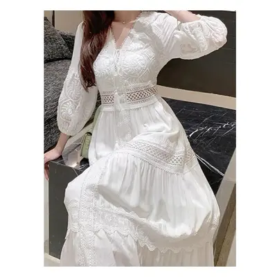 (white, S) White Long Dress Women Summer Boho Lace Dresses Female Beach Holiday Hollow Out Dress