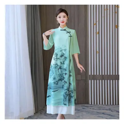 (L, light green) Chinese Style Tang Suit Hanfu Qipao Silk Dress Elegant And Dignified Dress