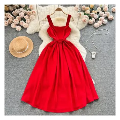 (red, M) Chic Sexy Square Neck High Waist Slip Dress Fairy Casual A-line Dress Summer Beach Vaca