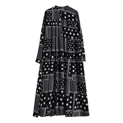 (black, One Size) Xitao Print Dot Loose Long Sleeve Dress Dmj2426