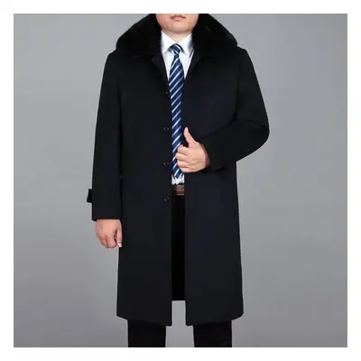 (dark blue, M) Men Wool Long Coat Winter Cashmere Overcoat Real Rabbit Fur Thick Warm Winter Men