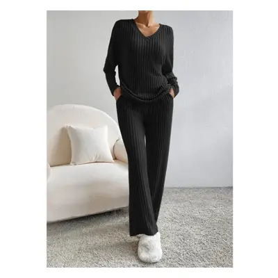 (black, M) Fashion Elastic Two Piece Set For Women&apos;s Autumn Winter Pants Suits Casual Strai