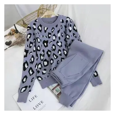 (blue, XXL) 2pcs/set Women Knit Leopard Pullover Sweaters+pants Sets Woman Fashion Jumpers Trous