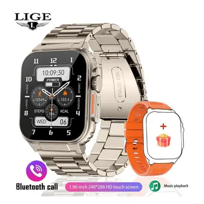 (gold, steel belt) LIGE Recording Function SIRI Dial Smart Watch 600MAH Large Battery TWS Music 