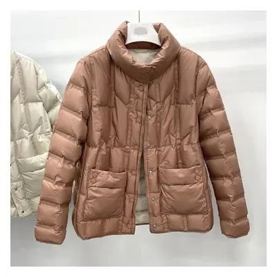 (pink, L) Light Down Jacket Female Short Autumn Winter Loose Standing Collar White Duck Down War