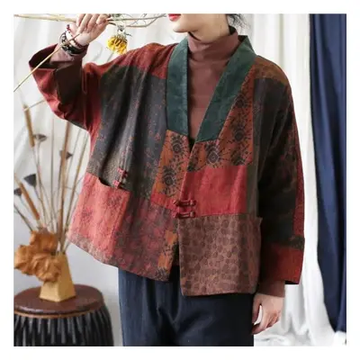 (One Size, dark red) Johnature Women Vintage Patchwork Color Jackets Bat Sleeve Button V-neck Co