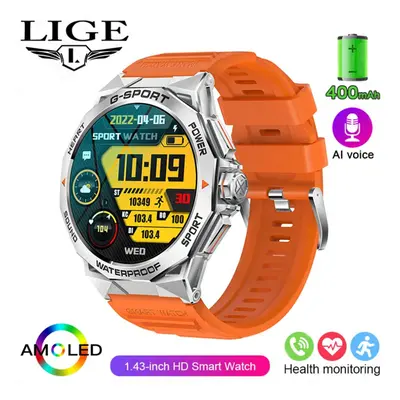 (orange, silicone strap) Lige Original Men Smart Watch 100+ Outdoor Sports And Fitness Waterproo