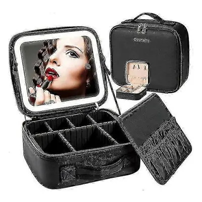 (Black) Makeup Travel Bag With Led Light Up Mirror Portable Makeup Case Organizer Makeup Brush A