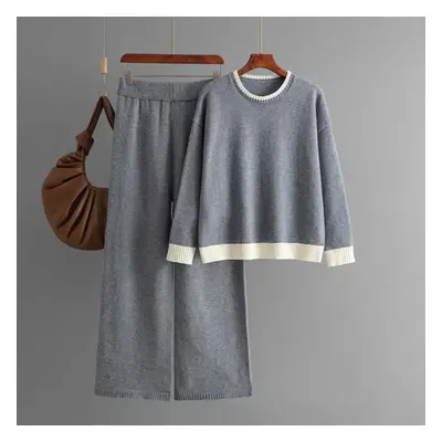 (gray, One Size) Fall Winter Lazy Wind Loose O-neck Pulllover Sweater Suit Women&apos;s Solid Co