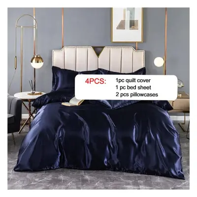 (navy blue, Queen pcs) 4pcs/set Summer Smooth Nude Sleeping Silky Bedding Set Light Luxury Satin