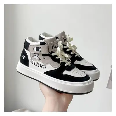 (black, 36) Fashion Autumn Winter High Top Sneakers Women Panda Sneakers For Teenage Girls Cute 