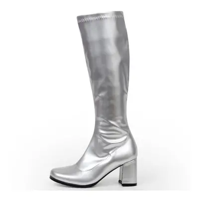 (silver, 36) Woman Gogo Boots Square Heel Knee-high Classic Square Toe Boots Pu Leather Zip Boot